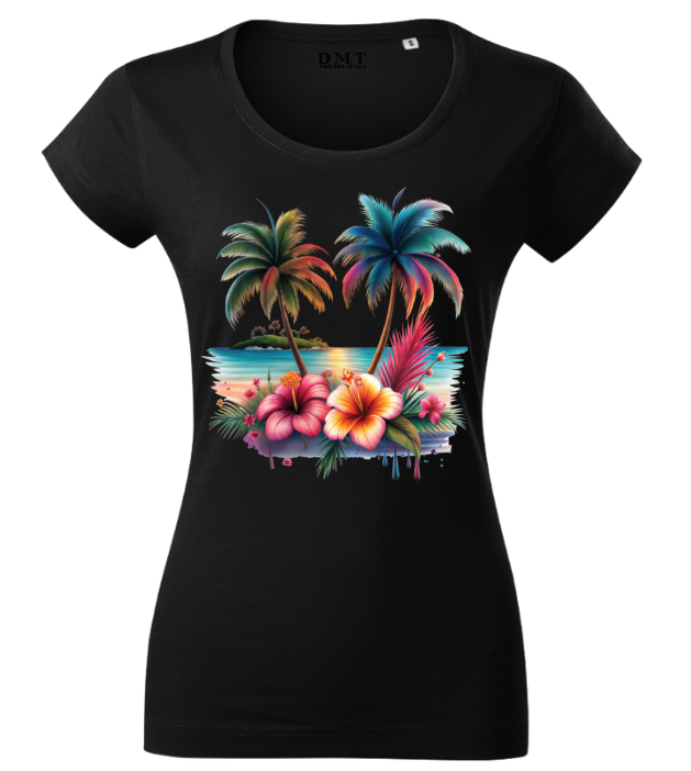 Tricou Damă Fitted Imprimeu "Tropical Paradise" – Negru