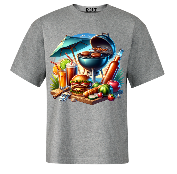 Tricou Barbati Oversize Imprimeu BBQ Summer - Gri