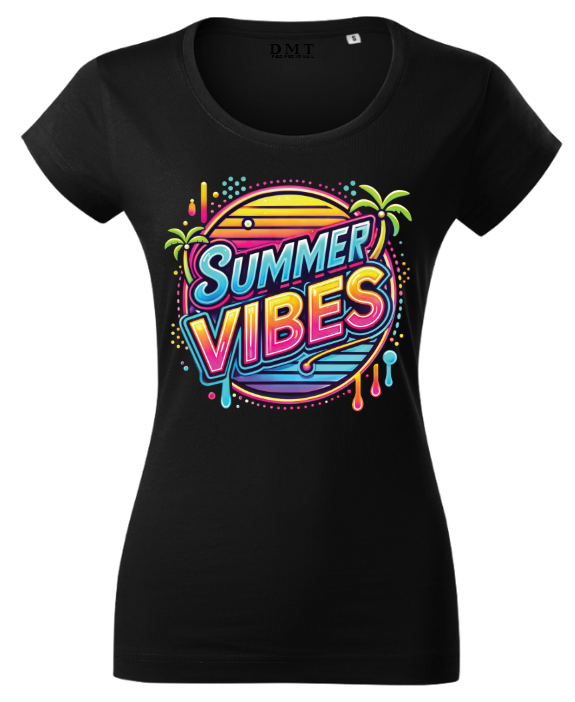Tricou Damă Fitted Imprimeu "Summer Vibes" – Negru