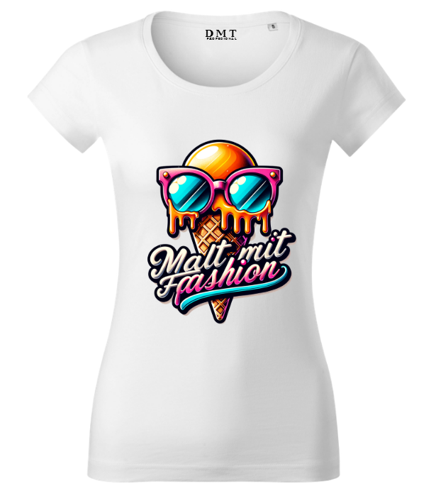 Tricou Damă Fitted Imprimeu "Malt Mit Fashion" – Alb