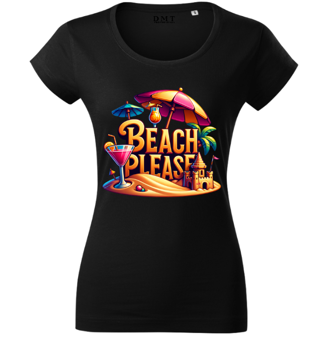 Tricou Damă Fitted Imprimeu "Beach Please" – Negru