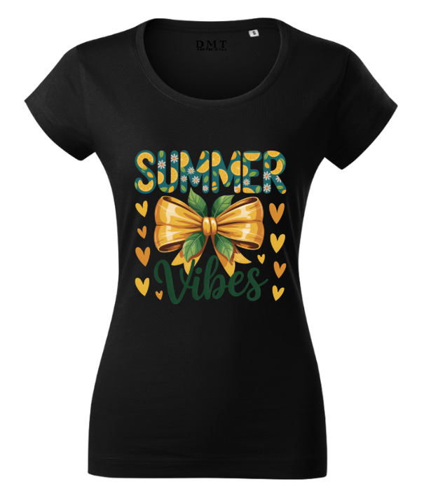 Tricou Damă Fitted Imprimeu "Summer Vibes Bow" – Negru
